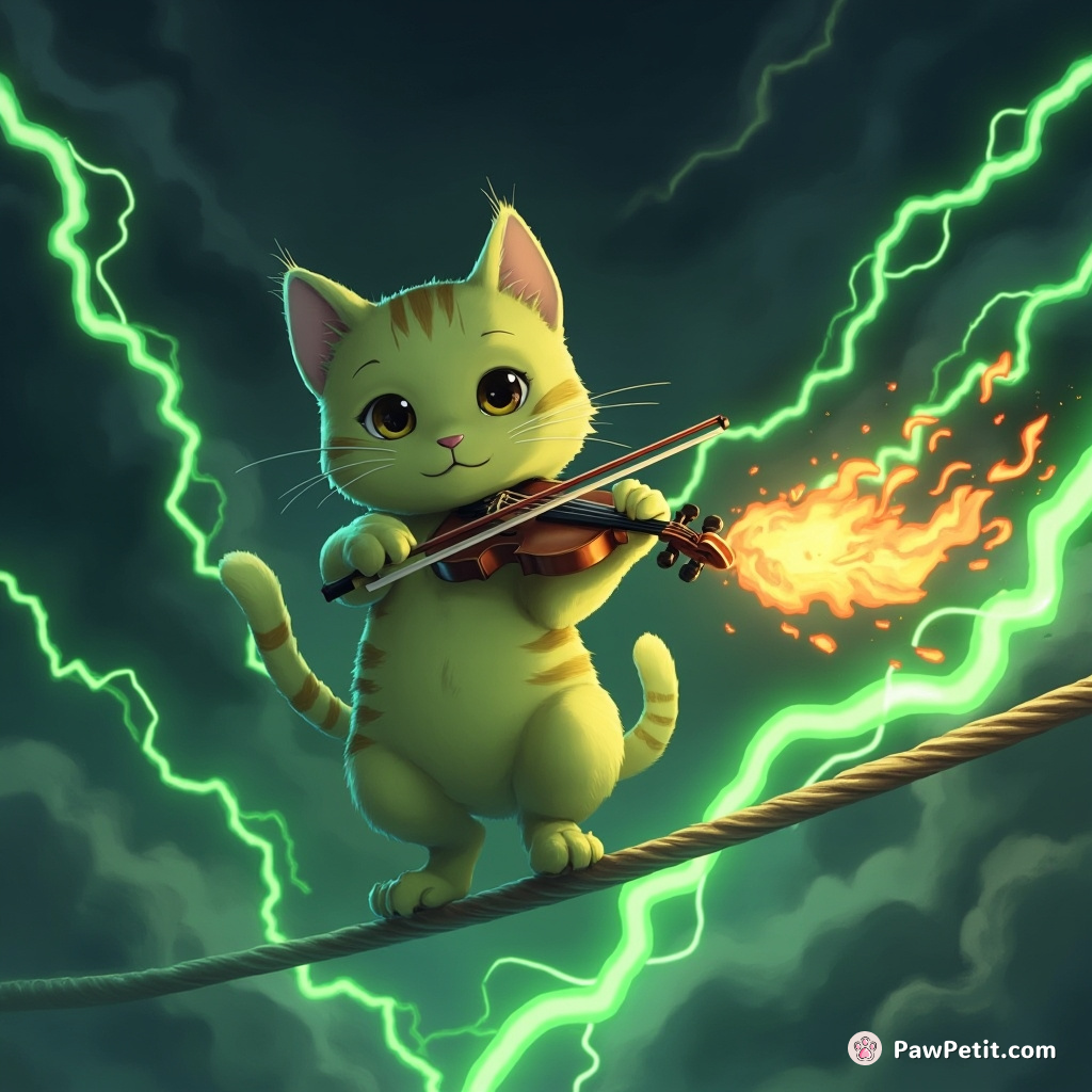 A chartreuse cat on a tightrope, flawlessly playing a flaming violin amidst a thunderstorm with green lightning.