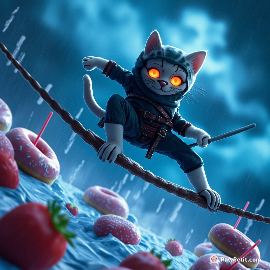 Ninja cat tightrope-walking over an ocean of blue strawberry milkshake amidst stormy donut rain.