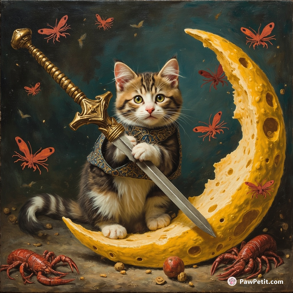 A curious cat pulling the infamous sword Excalibur from a moon cheese while a swarm of lobster butterflies whirl about.
