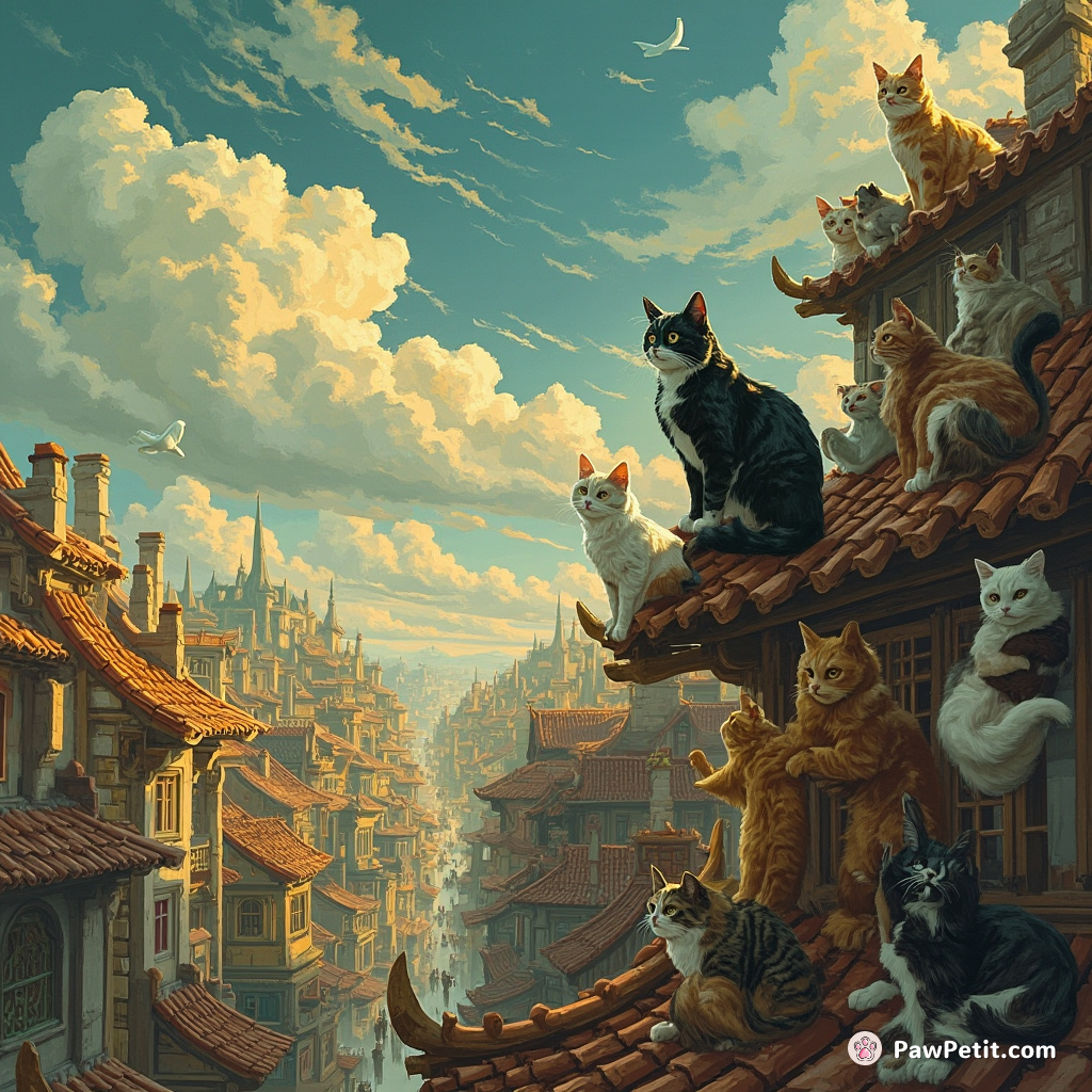 Felines convene on human rooftops, purring decrees that ripple through the bustling streets below.