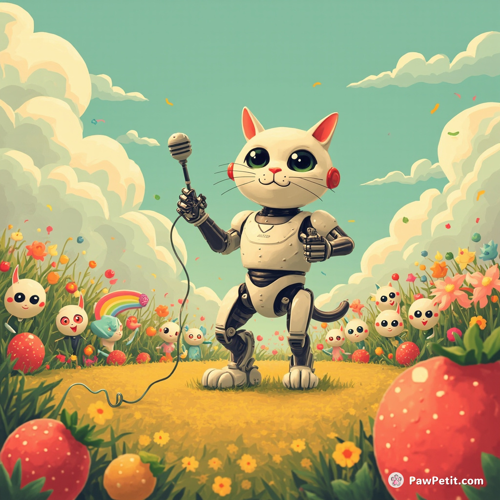 A robot cat performing stand-up comedy to a crowd of enchanted rainbow goblins in an alien fruit field.