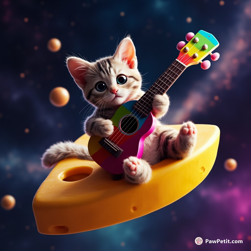 Cat strumming a rainbow ukulele on a floating cheese wedge in outer space.