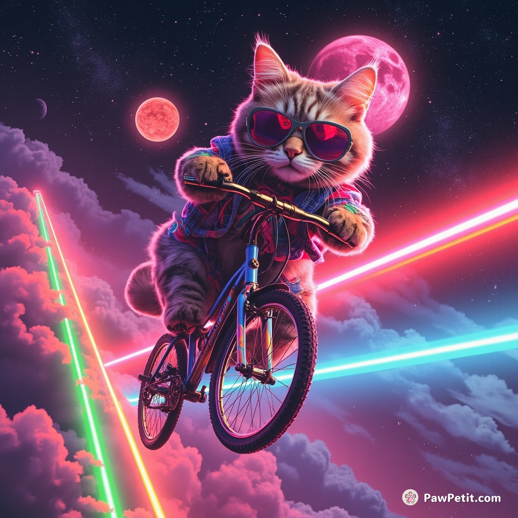 A giant cat confidently riding a bicycle on the rainbow towards Mars, outfitted in neon punk rock gear.
