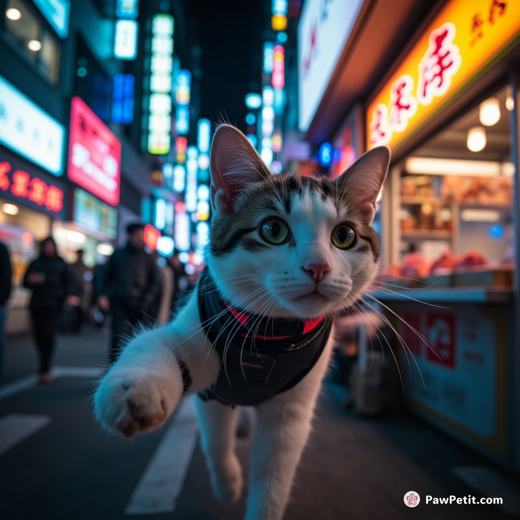 A cybercat in Tokyo, navigates crowded neon streets with telekinesis, hoisting fish off food stands without a paw's touch.