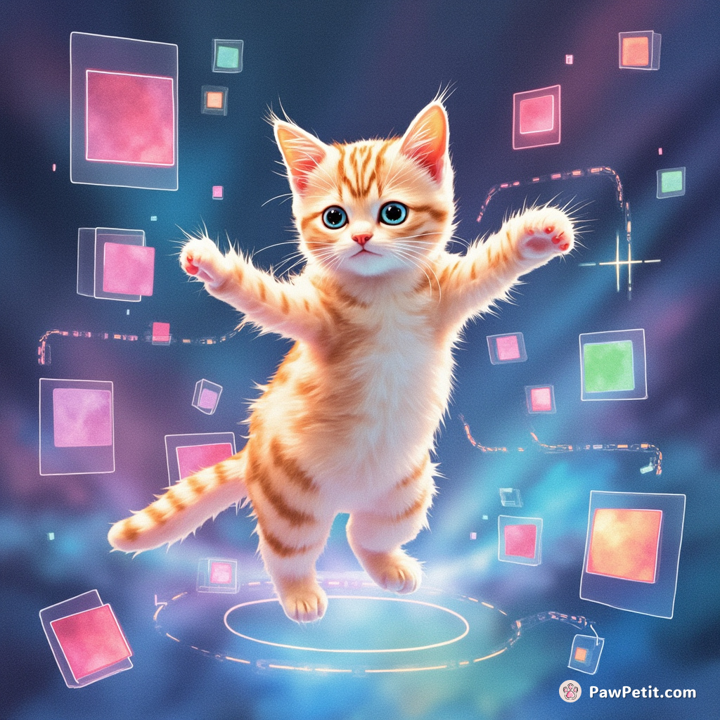 Within the pixelated universe, the cyber-cat elegantly dances across screen barriers, effortlessly spreading vibrant digital color in its trail.