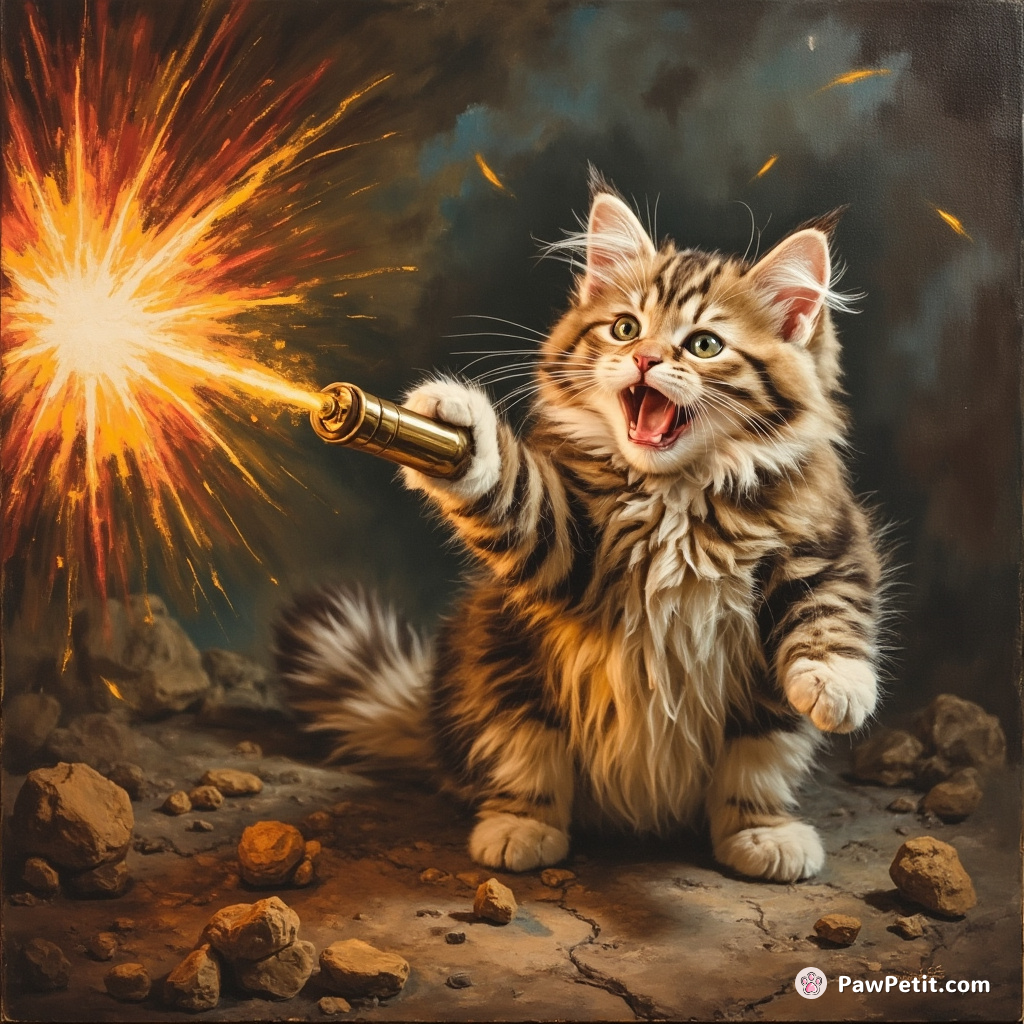 Fluffy, the cat, activates a doomsday laser with a well-aimed paw, purring victoriously as chaos ensues.