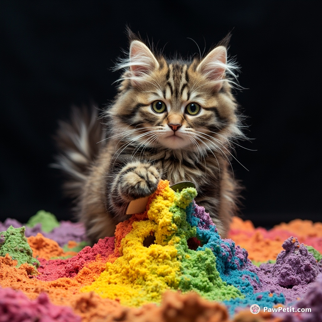 Cat building a rainbow-colored sandcastle in zero-gravity space, using a spatula and teaspoon instead of paws.