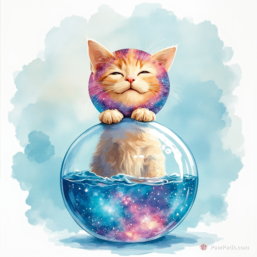Cat balancing a multicolored spinning galaxy on its nose inside a glass bubble underwater.