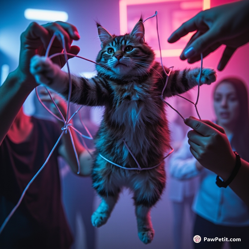 Cat frantically spins, tangled in string, as humans scramble to free it.