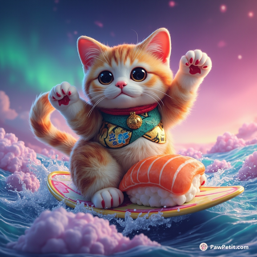A cat joyriding of a piece of sushi surfing on a rainbow sea under neon auroras.