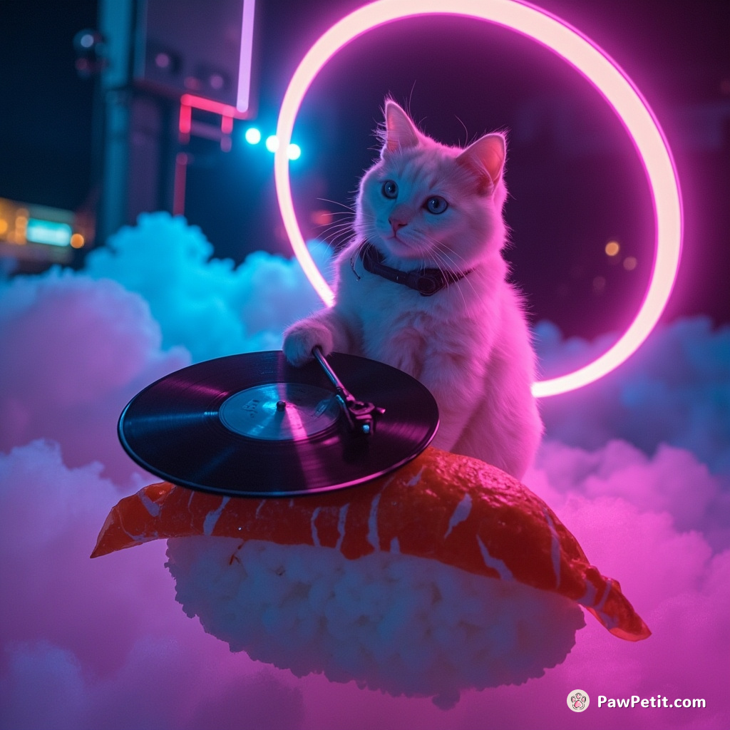 A neon glowing cat DJ spinning records on a turntable atop a giant floating sushi in an ethereal space club.
