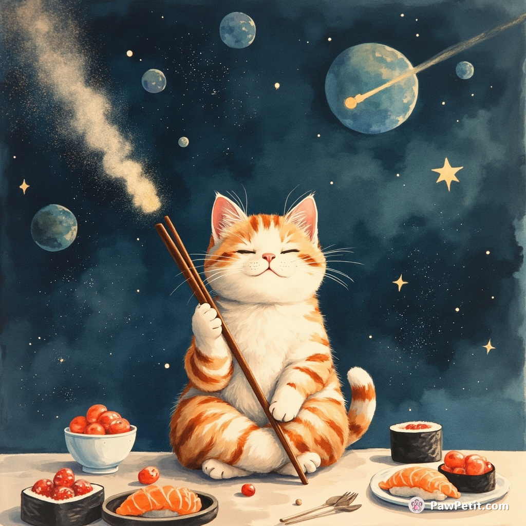 A cat sitting cross-legged at a sushi bar in space, trying to chopstick a flying comet.