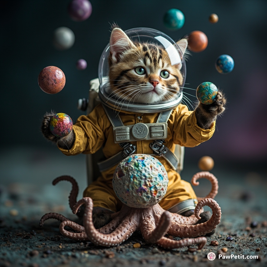 A giant cat in astronaut gear balancing on an iridescent moon octopus with one paw, while juggling miniature galaxies with its other paws.