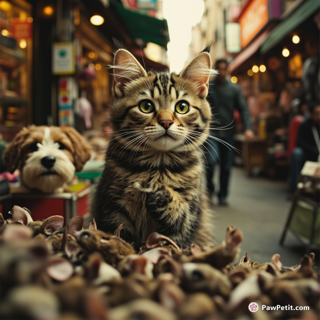 In a bustling flea market, sly cat sells 'gently used' mice toys, swindling the neighborhood dogs with poker-face purring.