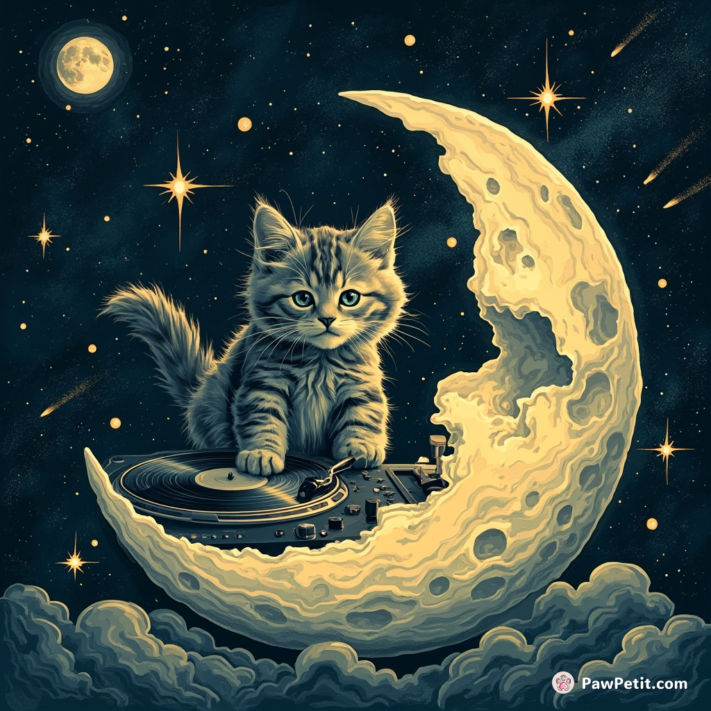A cat spinning vinyl records on a moon-shaped DJ booth with shooting stars as sound waves.