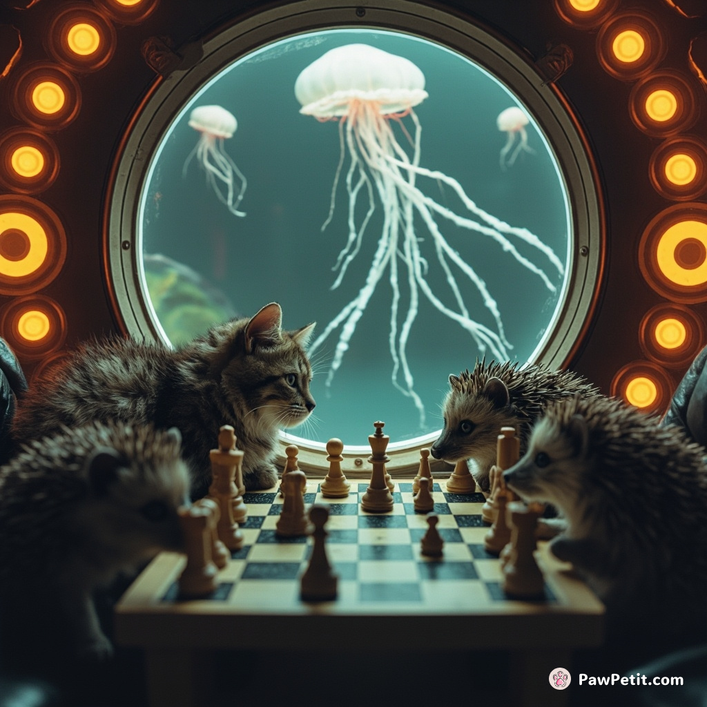 A cat playing chess with alien hedgehogs in zero gravity aboard a softly glowing jellyfish spaceship.
