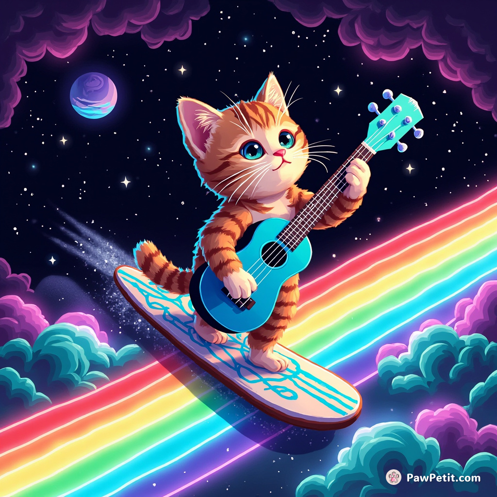 A cat surfing on a strip of rainbow against a stormy neon galaxy, brandishing an electric-blue ukulele.