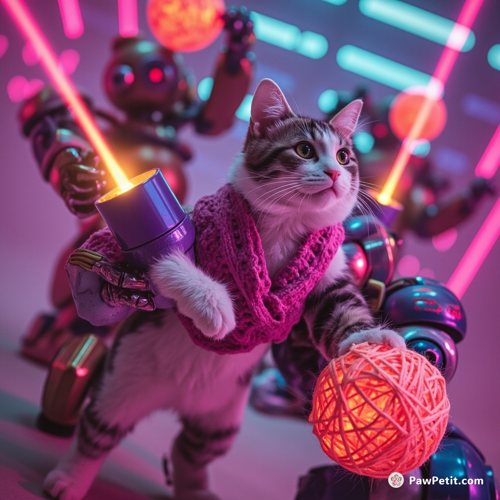 Cat at a neonensque disco battling animated robots using laser yarn balls.