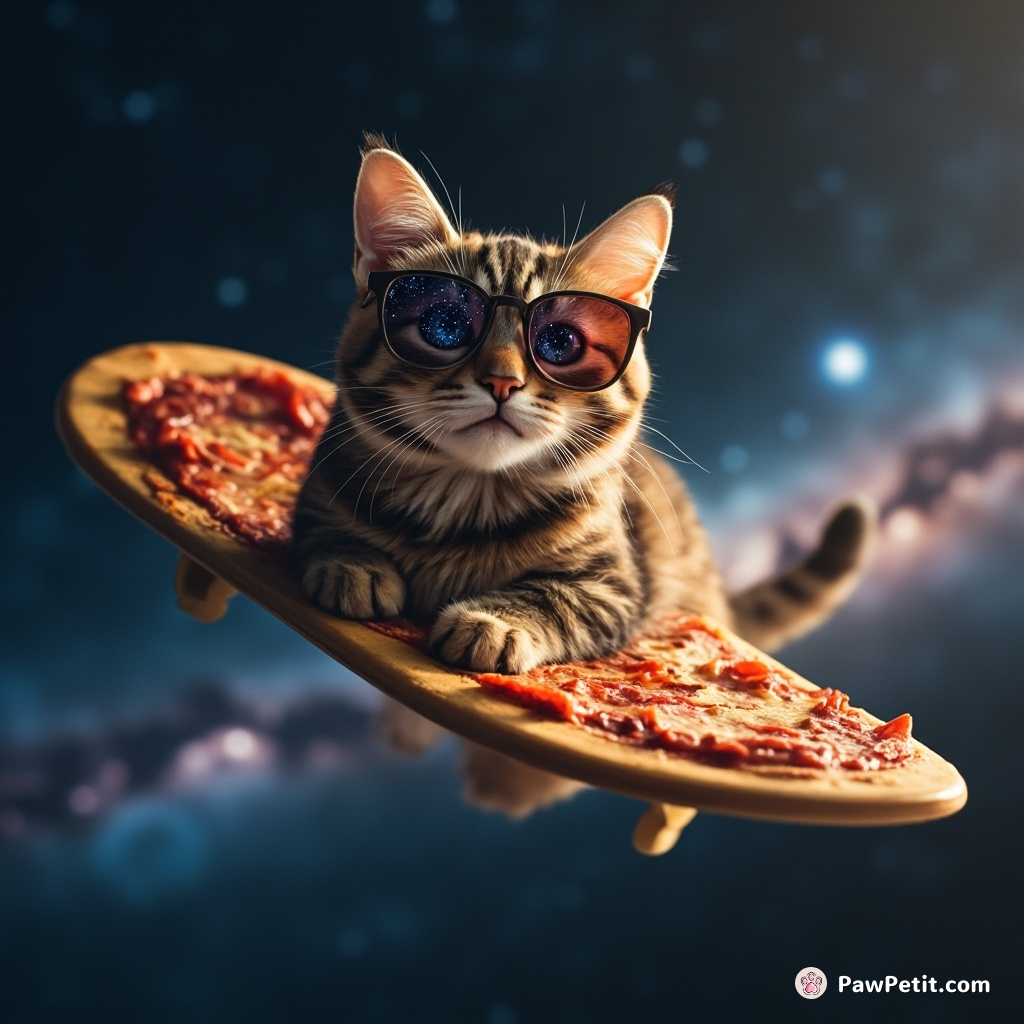A cat soaring through intergalactic space on a pizza slice surfboard, wearing citrus peel sunglasses, with milkway stars reflected in them.