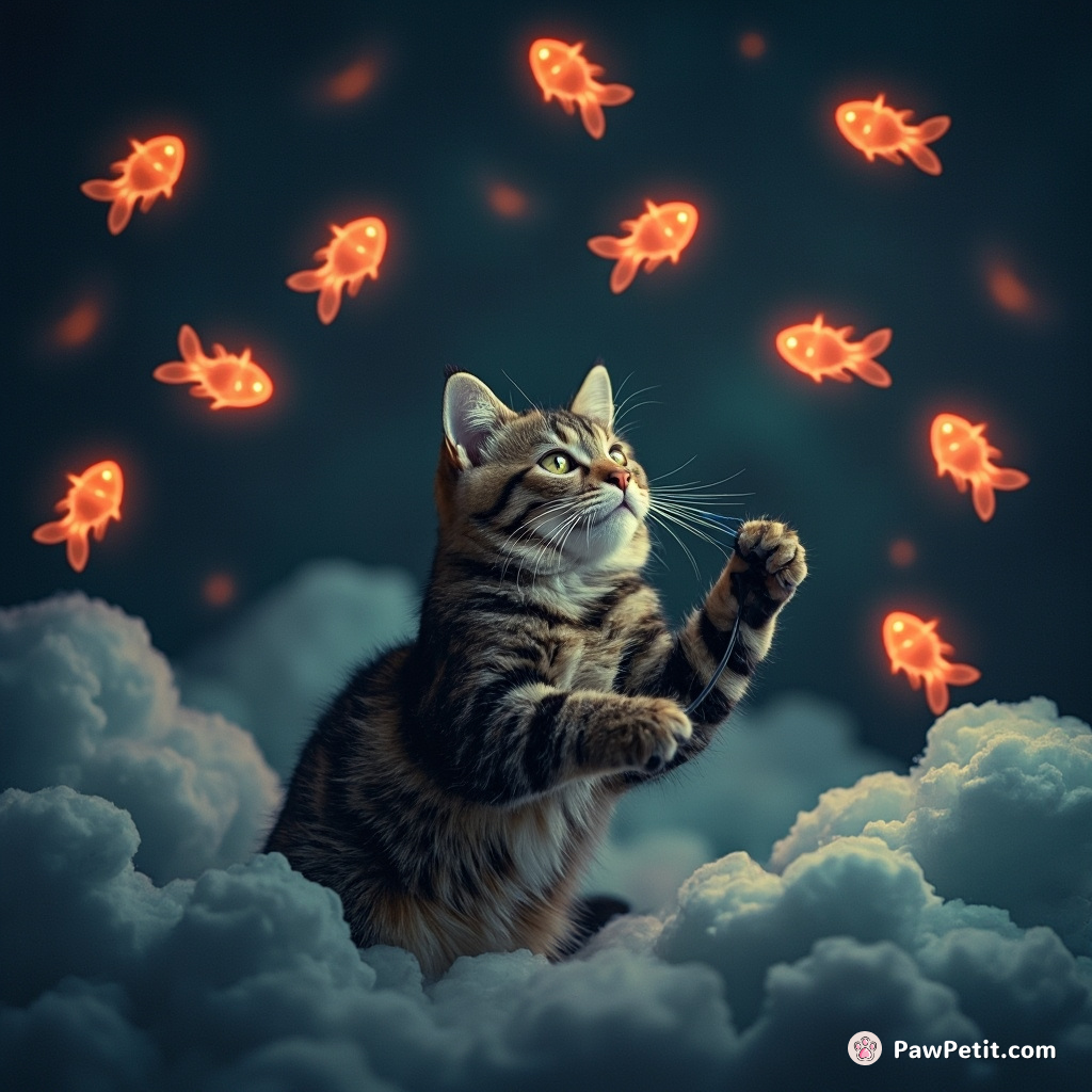 A tabby cat orchestrating a symphony of glowing fish in a neon cloud forest.