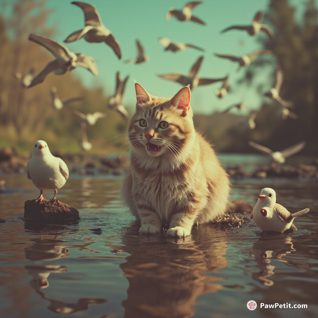 Frantic chirps ensue as Whiskers, arrogantly sipping stream water just like hikers do, mistakenly frightens a flock of birds.