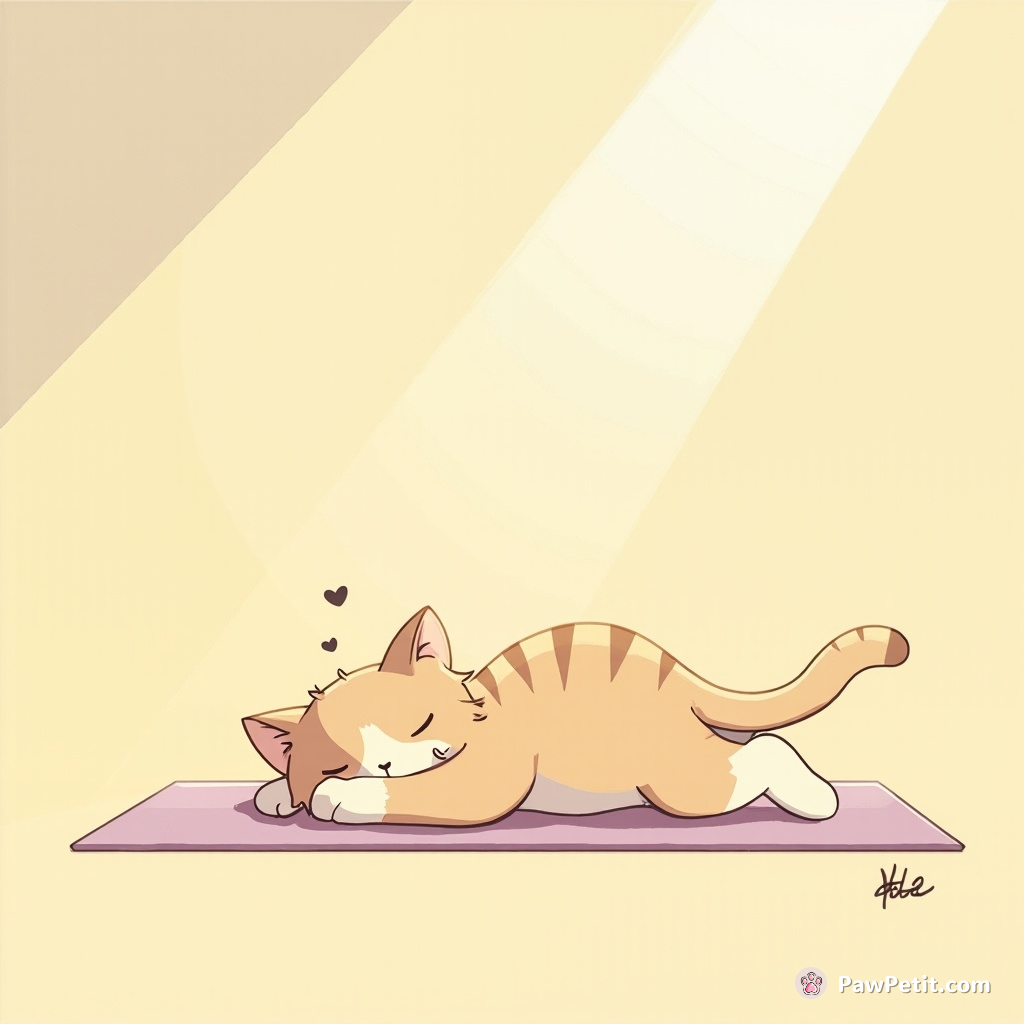Whiskers practices yoga, attempting "cat-cow" pose but ends up napping in a sunbeam instead.