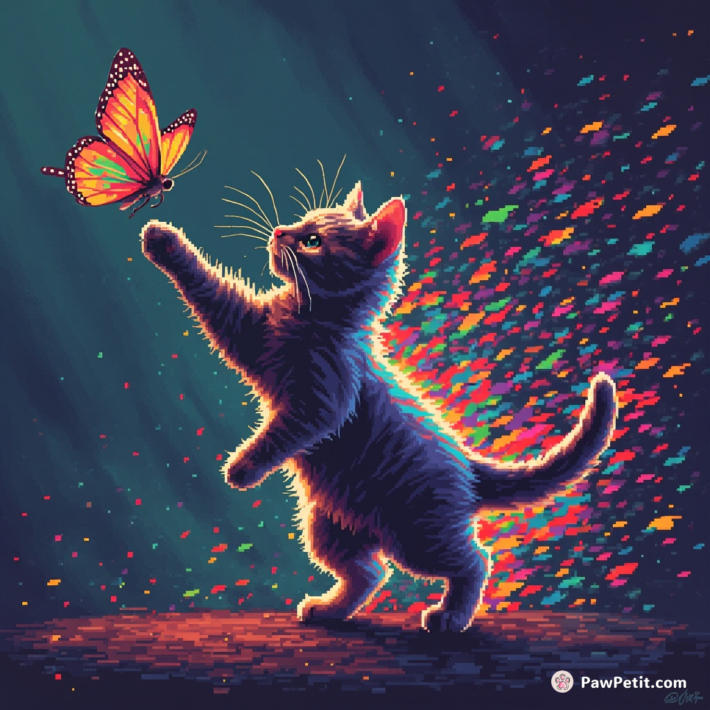 The cat pounces on a digital butterfly, its form pixelating briefly before reassembling in a vibrant burst of colors.