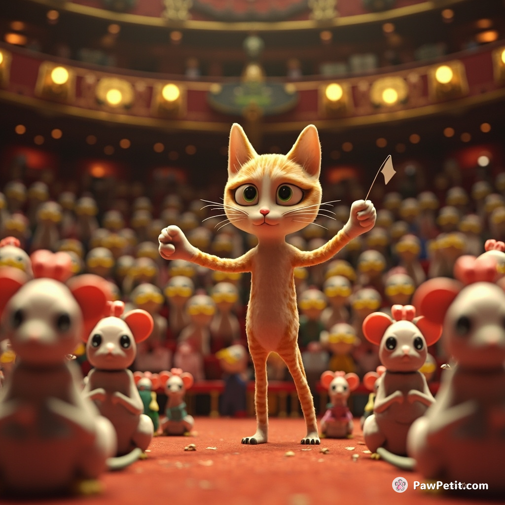 A three-legged cat conducting a symphony of squeaky toy mice in an auditorium filled with cheering bird audience.