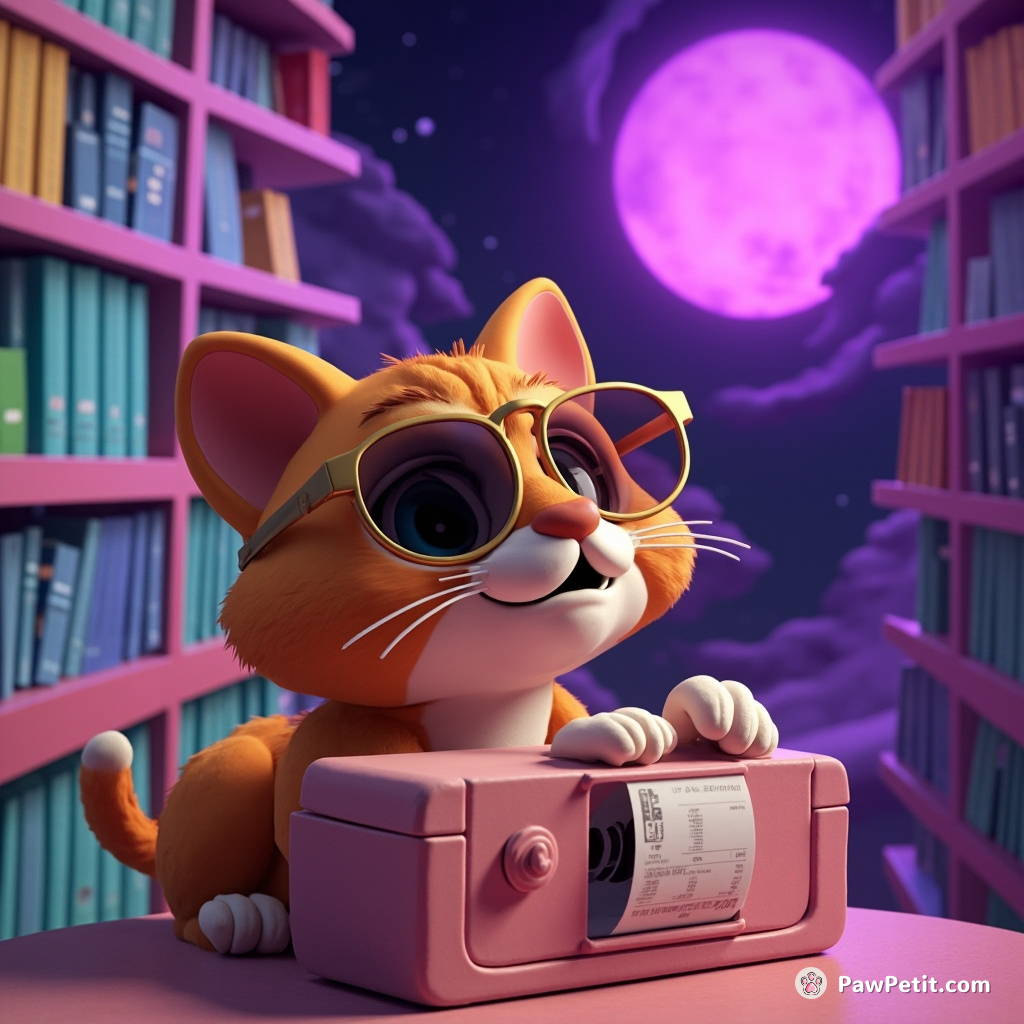 A dapper cat tapping on a Dewey Decimal System microfilm viewer in an alien library orbiting a purple sun.