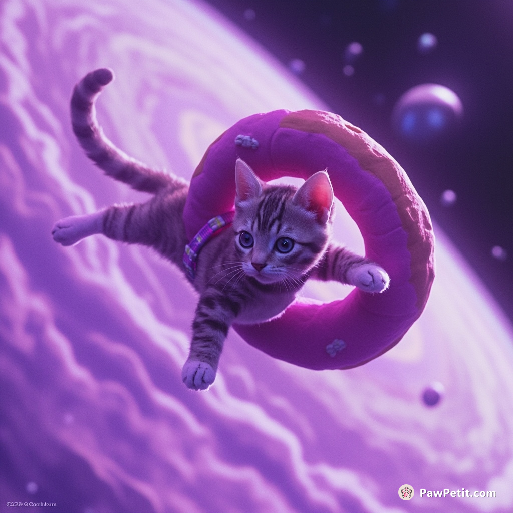 A ragdoll cat in mid-air, skydiving through a doughnut-shaped alien spaceship against the backdrop of a swirling lavender galaxy.