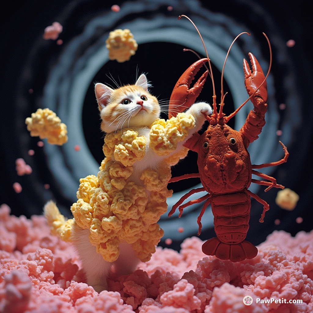 A buttery popcorn cat performing an Argentinian tango with a stout lobster against the backdrop of a swirling black hole.