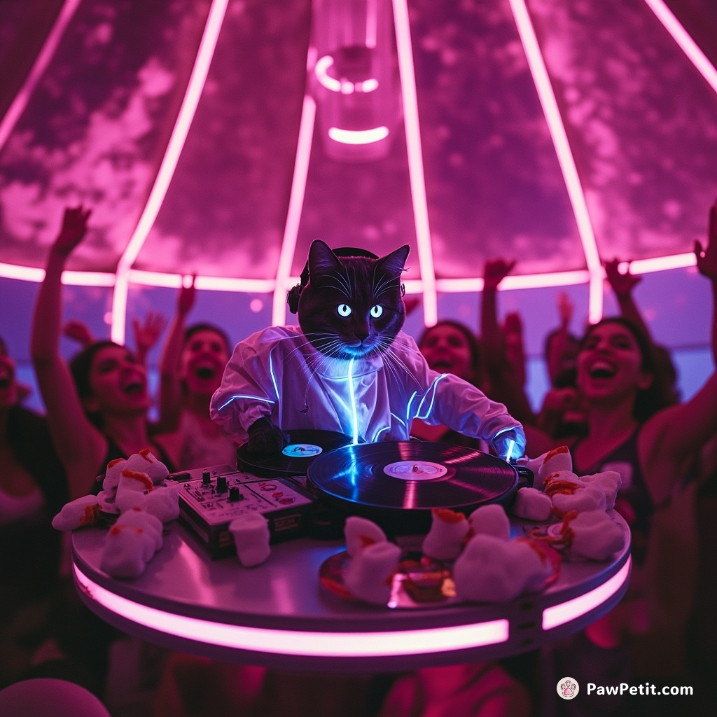 A neon cat DJ spinning vinyl records in a circus tent, balanced on a flying UFO surrounded by cheering marshmallows.
