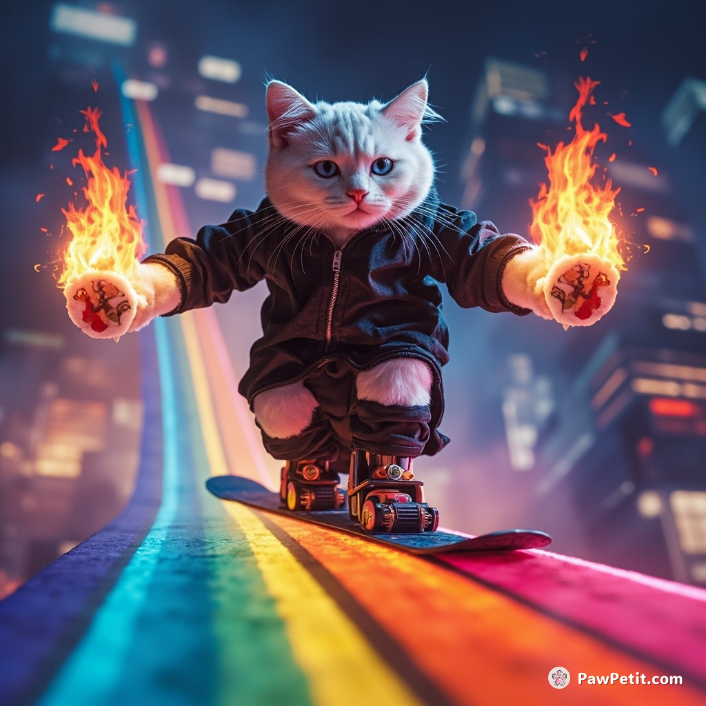 Cybernetic cat skiing down a rainbow while juggling flaming sushi rolls in a neon cityscape at twilight.