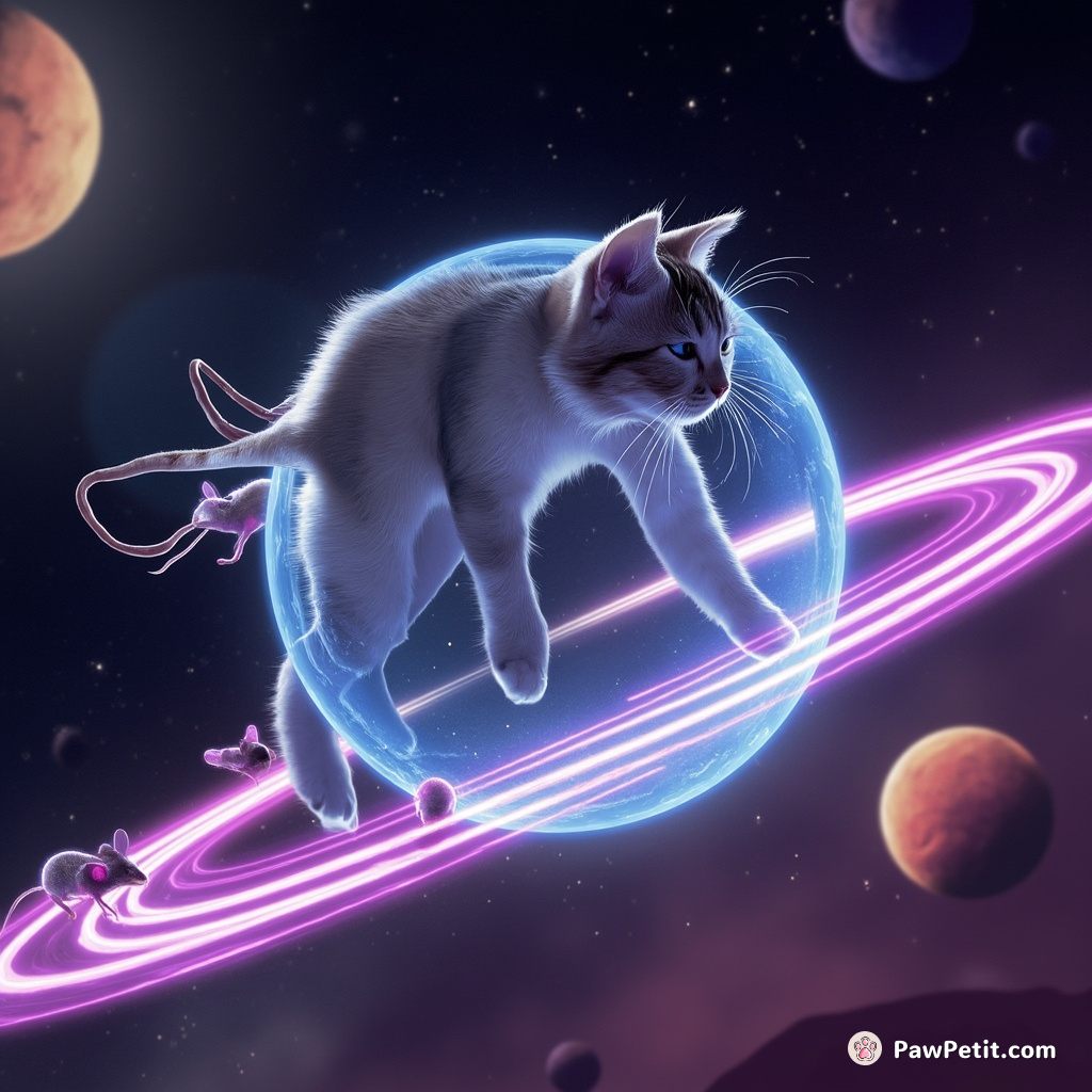 A giant holographic cat chasing neon mice on the rings of Saturn.