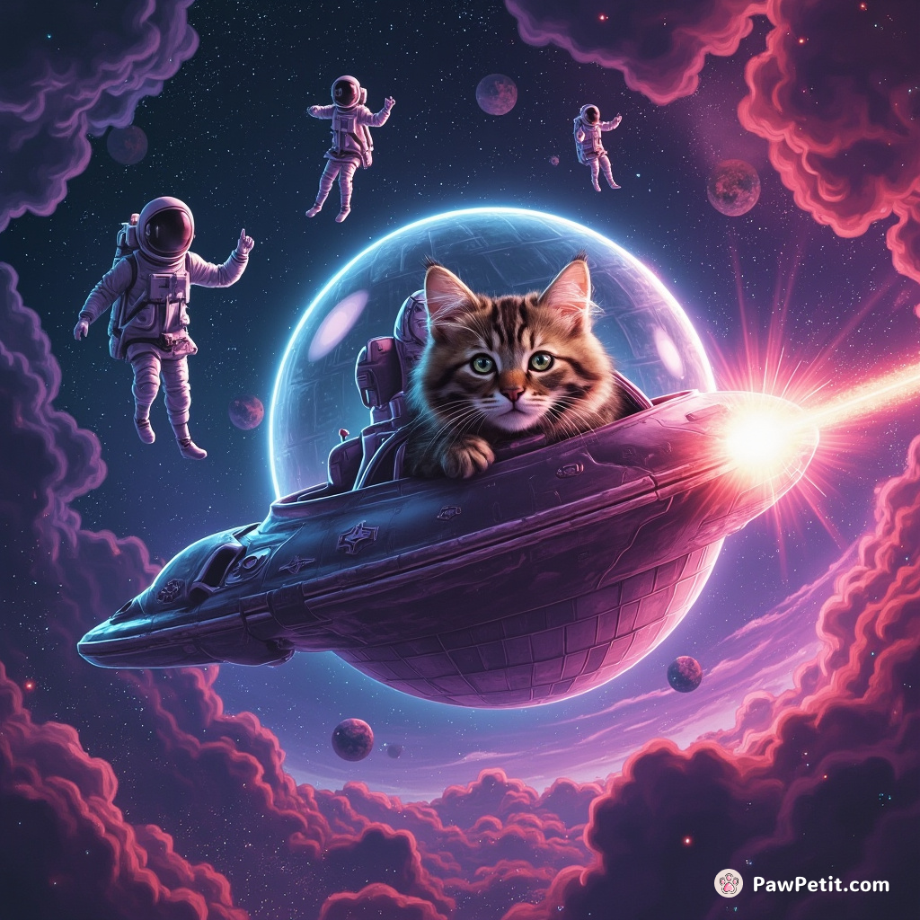 A cat piloting a flying disco ball spaceship through a neon nebula, while disco dancing with astronauts.