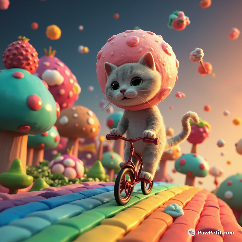 A cat pedaling a unicycle on a rainbow leading to electronic spaceship-forests, with a strawberry moon as helmet.