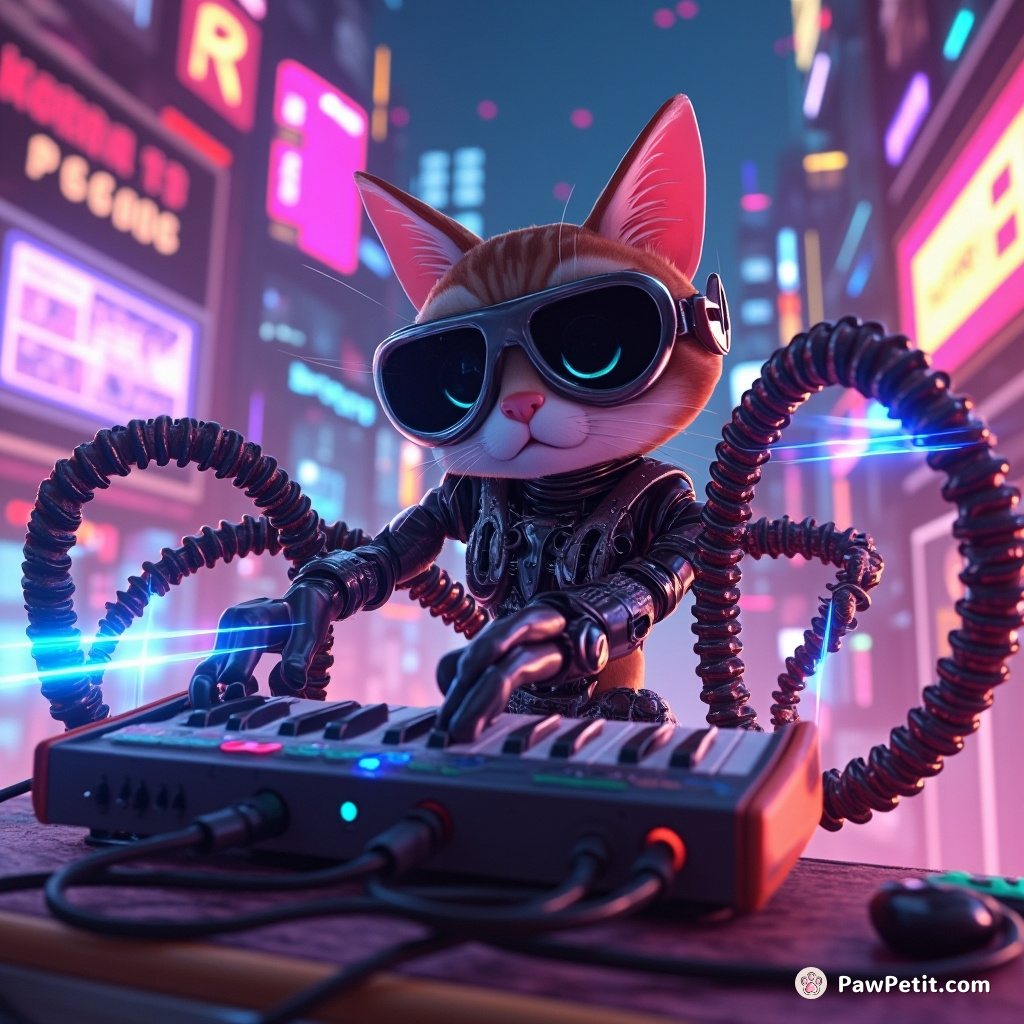 Cyborg cat playing an electric keyboard with plasma shooting tentacles, in a neon cyber city environment.