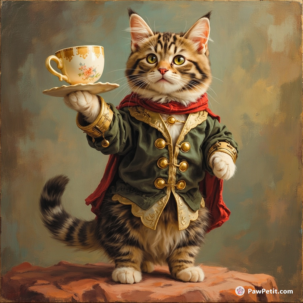 A cat, mistaken for a human hero, becomes famous for its impressive ability to balance a teacup on its tail.