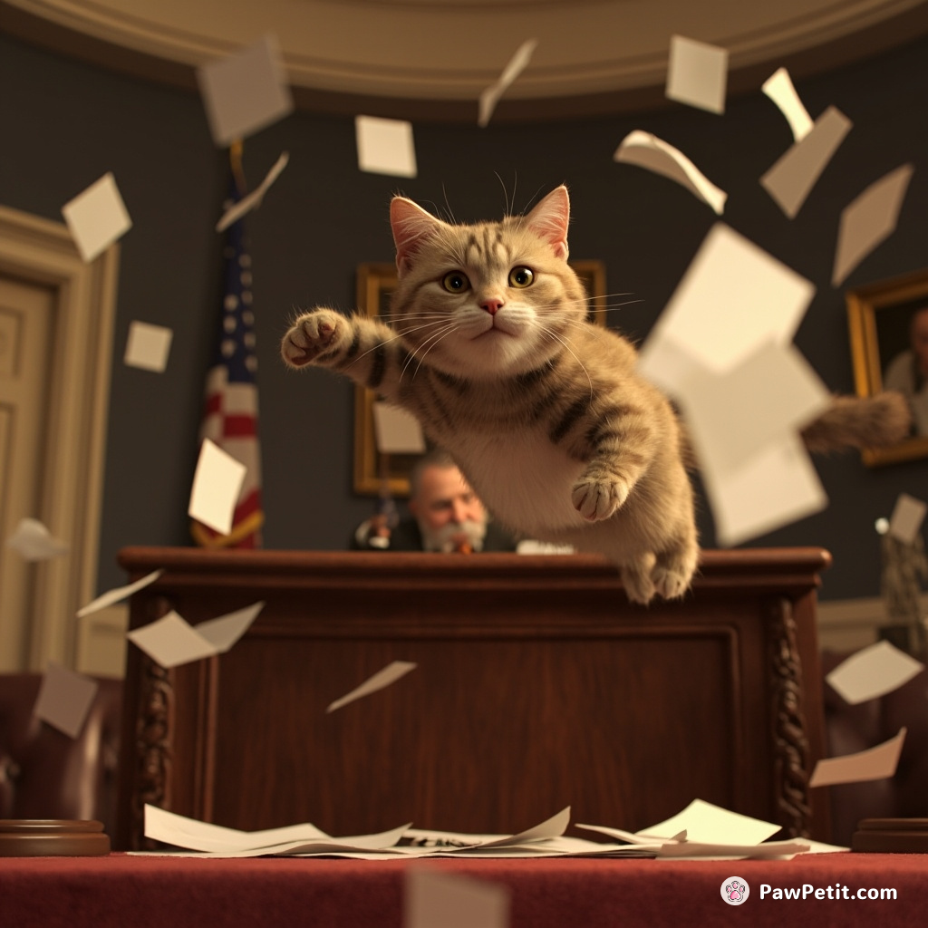In a frenzied courtroom, the cat leaps onto the judge's bench, swatting papers and scattering legal documents everywhere.
