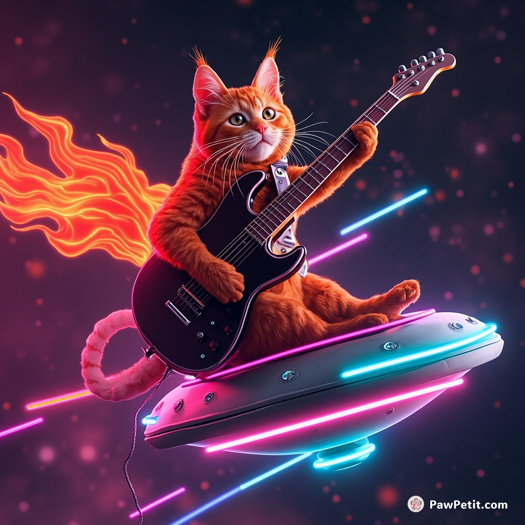 A flaming red cat soaring through a neon galaxy on a UFO made of marzipan and rocked guitars.