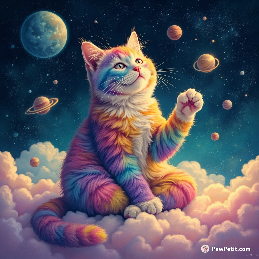 A technicolor cat meditating on a cloud in space, with planets orbitging around its paw.