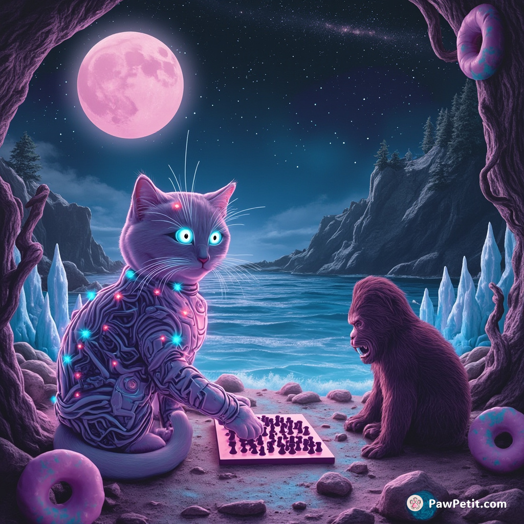 Cyborg cat with bioluminescent sparks, playing checkers with Bigfoot by the crystalline shore of a peppermint ocean under a doughnut moon.
