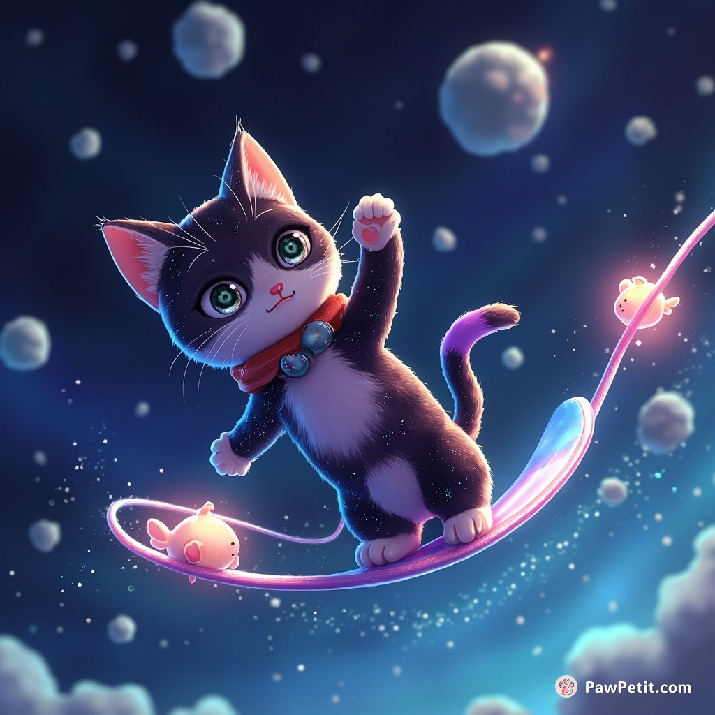 A galaxy-patterned cat surfing on a string of iridescent space yarn, cheered by tiny luminescent asteroids shaped like mice.