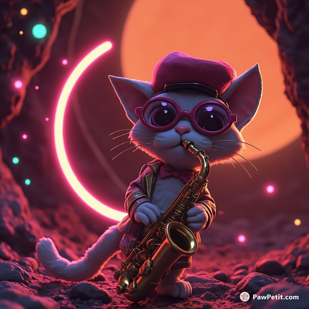 Cat expertly playing a neon saxophone in a roaring 20s speakeasy at the bottom of an Martian crater.
