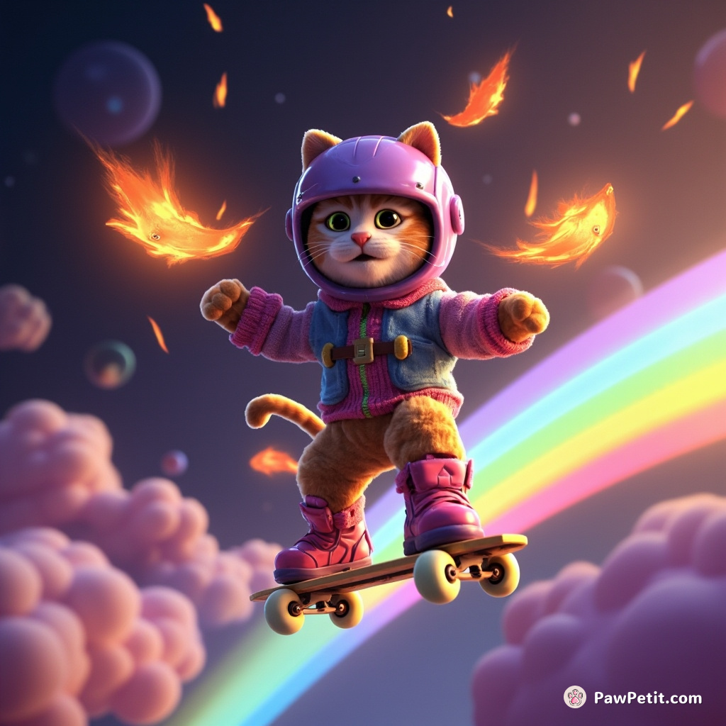 Cat wearing a purple helmet, rollerblading on a rainbow in space while juggling flaming fish.
