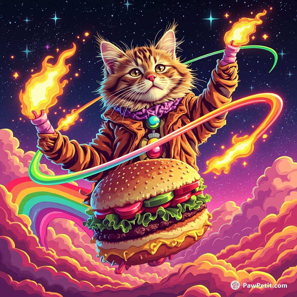A psychedelic neon-furred cat twirling flaming hula hoops while riding on a floating cheeseburger across a rainbow-colored desert.