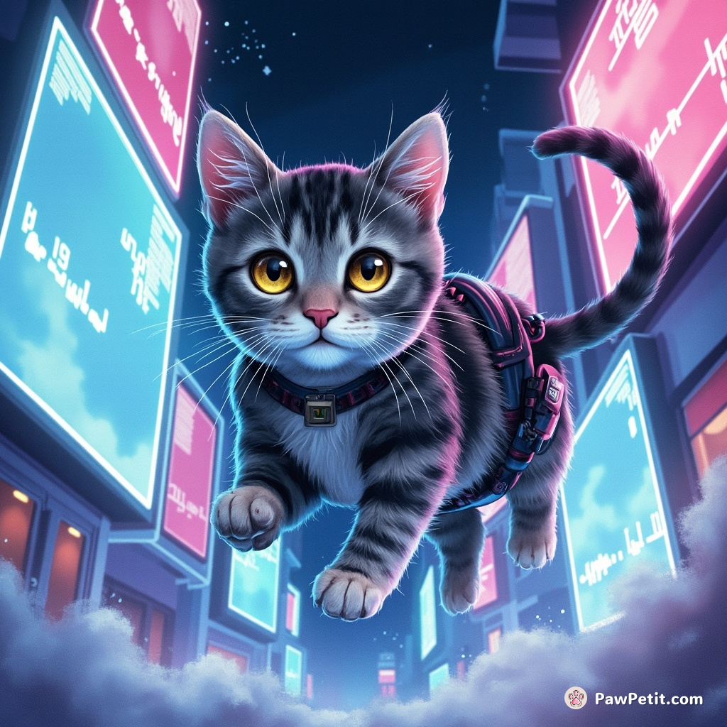 A sleek cat, a cybernetic tail, leaps through holographic billboards, its eyes streaming data streams in the neon night.