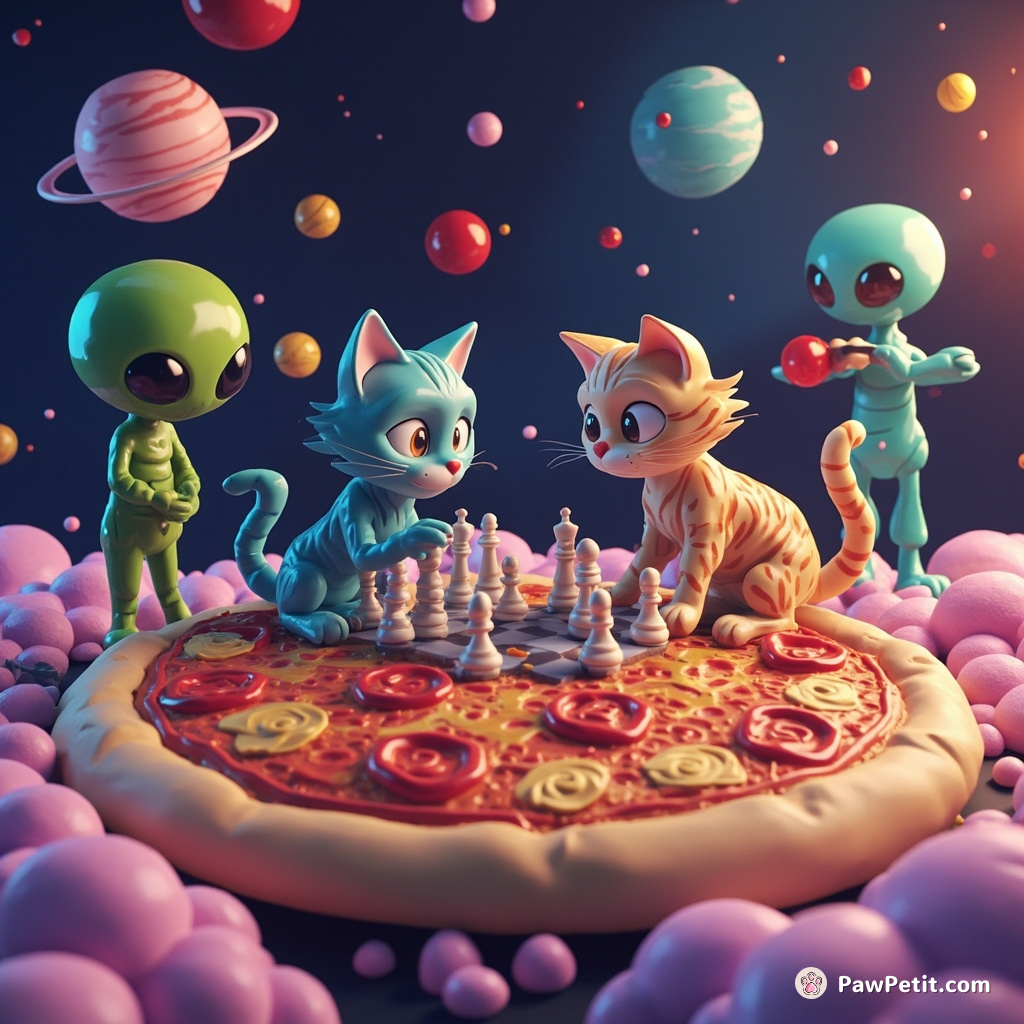 Cat playing chess with aliens on a giant pizza in outer space.