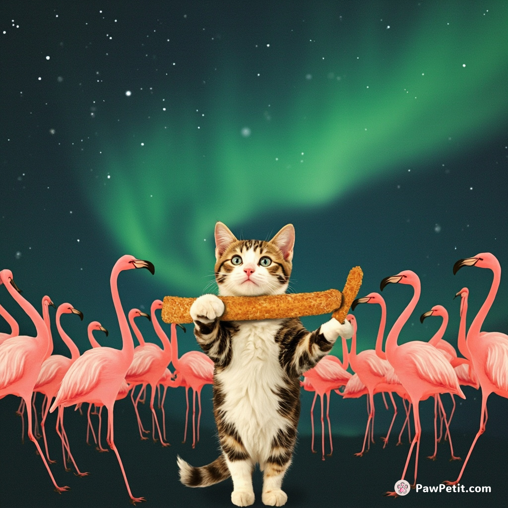A cat conducting a symphony of flamingos with a golden breadstick under an aurora borealis.