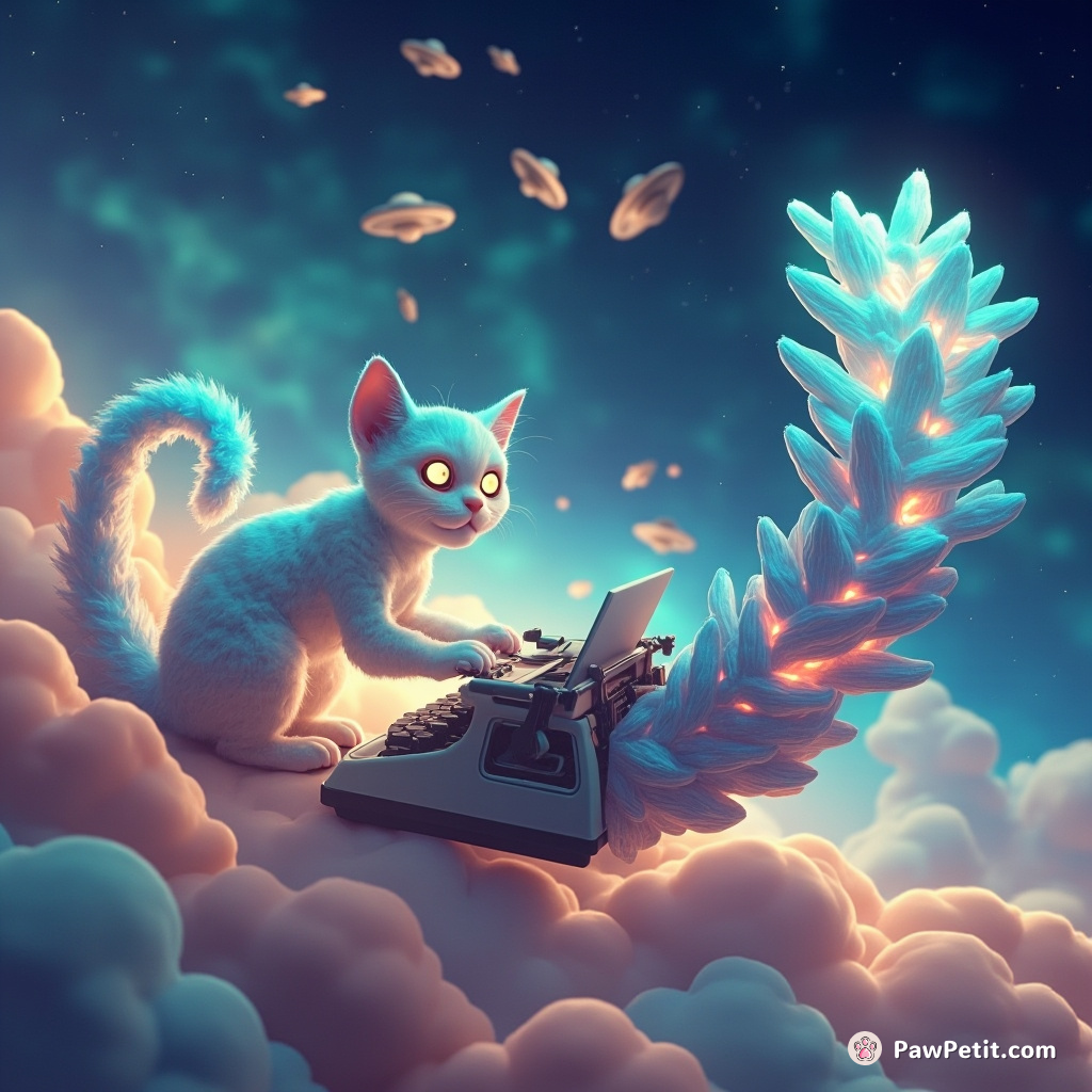 A luminous cat, her tail an abundant peacock's display, diligently typing away on a typewriter floating in clouds while fleet of UFOs hovers in distant nebula backdrop.